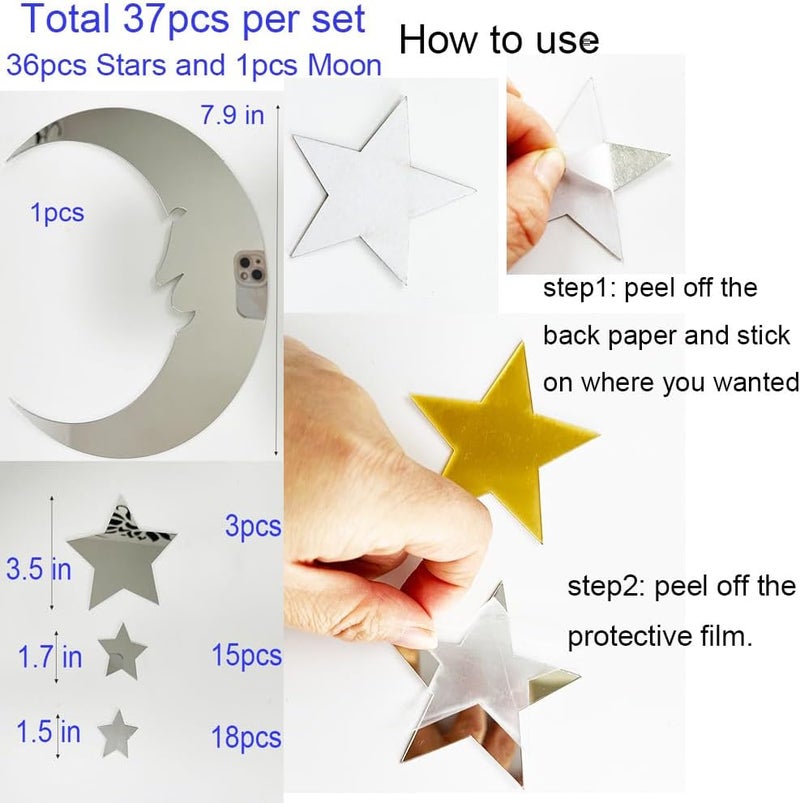 TVPHLLY 37pcs 3D Moon and Stars Silver Acrylic Wall Stickers with Adhesive Art Decal Satin Paper Baby Kids Bedroom Home DIY Decor Removable Stickers (Moon and Stars) - Image 3